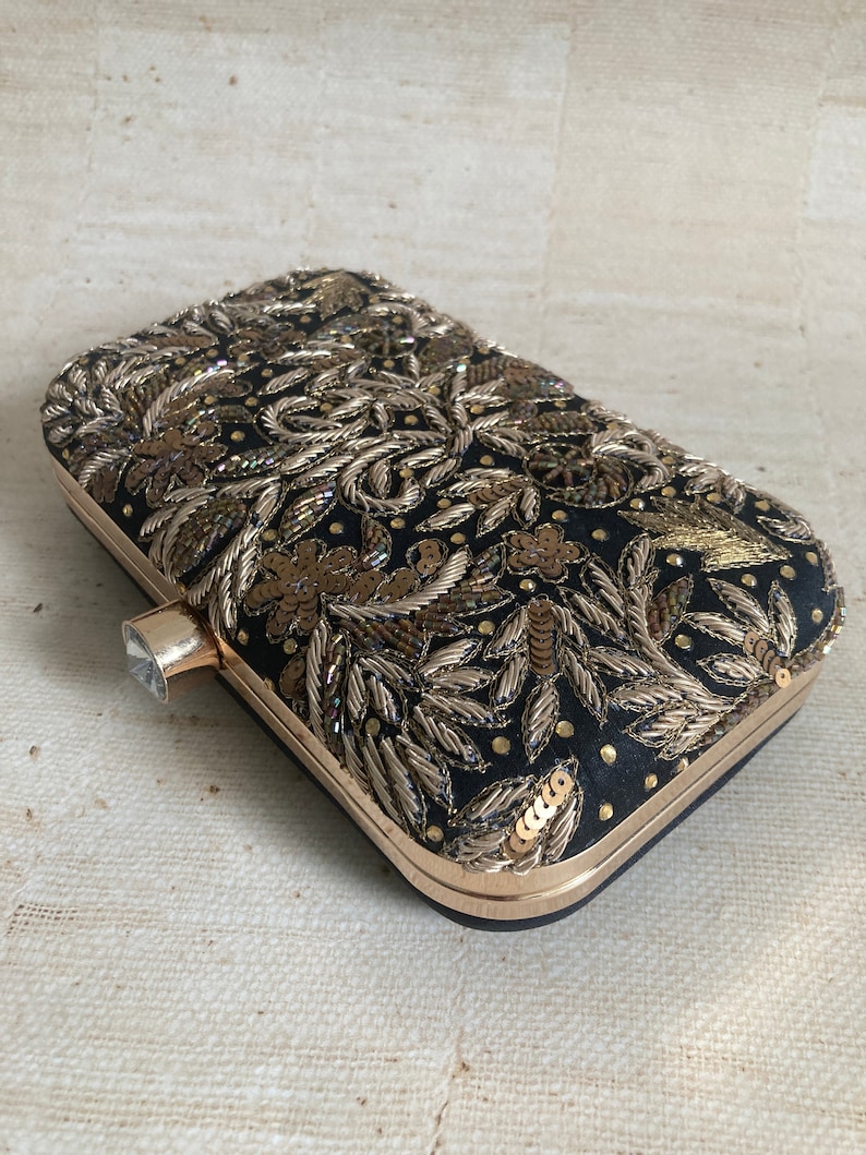 Black & Gold Handcrafted Embroidered Clutch – Indian Ethnic Evening Bag – Luxury Silk Zardozi Purse | AmazPromo