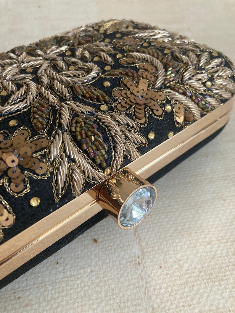 Black & Gold Handcrafted Embroidered Clutch – Indian Ethnic Evening Bag – Luxury Silk Zardozi Purse | AmazPromo