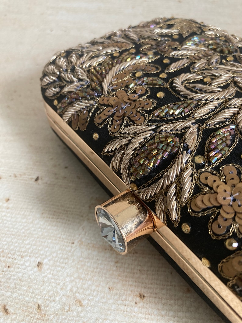 Black & Gold Handcrafted Embroidered Clutch – Indian Ethnic Evening Bag – Luxury Silk Zardozi Purse extra image