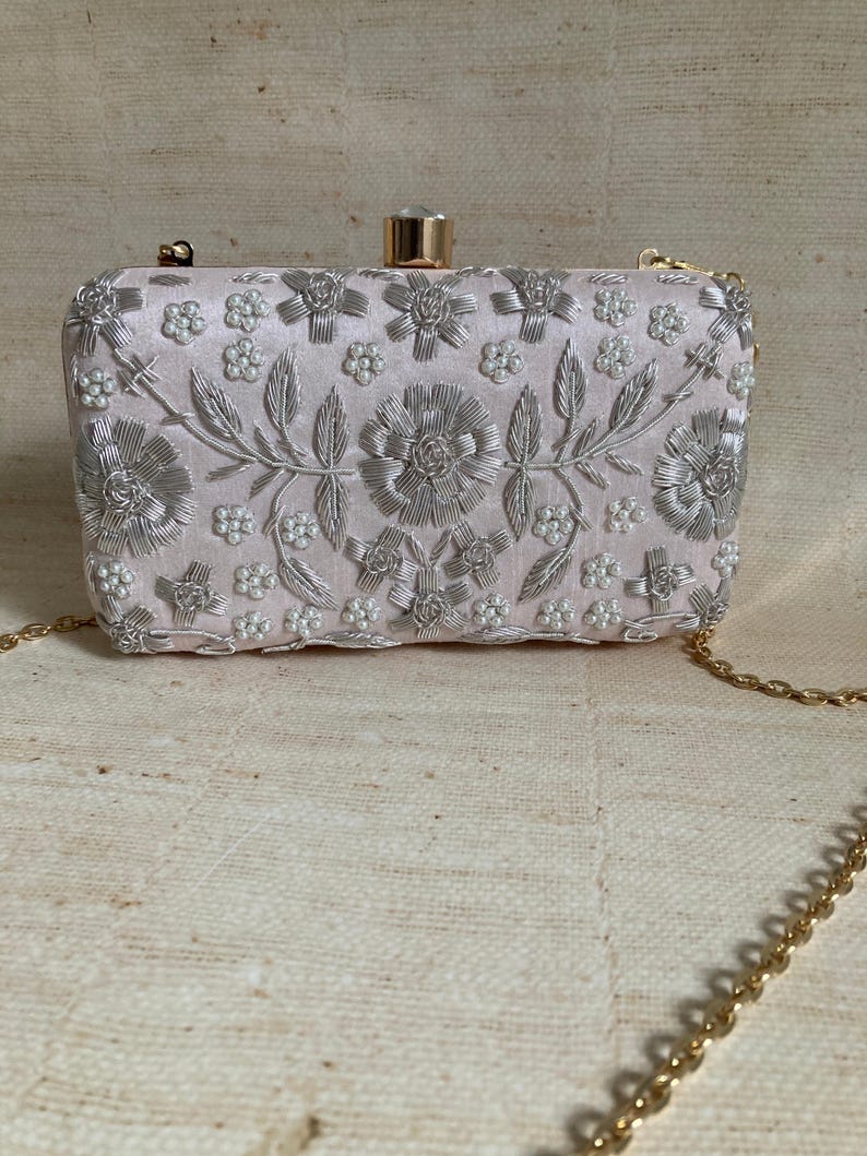 Luxury Pale Pink Silk Clutch Bag – Handcrafted Indian Evening Purse with Embroidered Floral Zardozi | AmazPromo