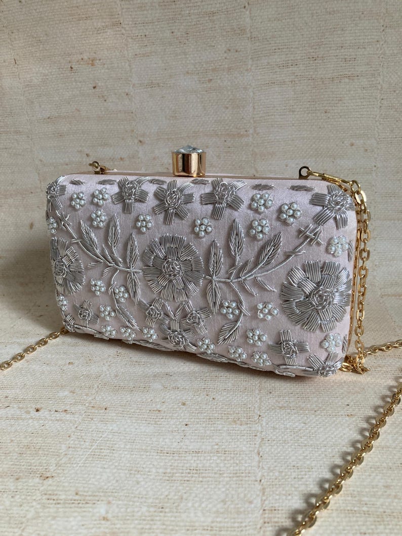 Luxury Pale Pink Silk Clutch Bag – Handcrafted Indian Evening Purse with Embroidered Floral Zardozi extra image