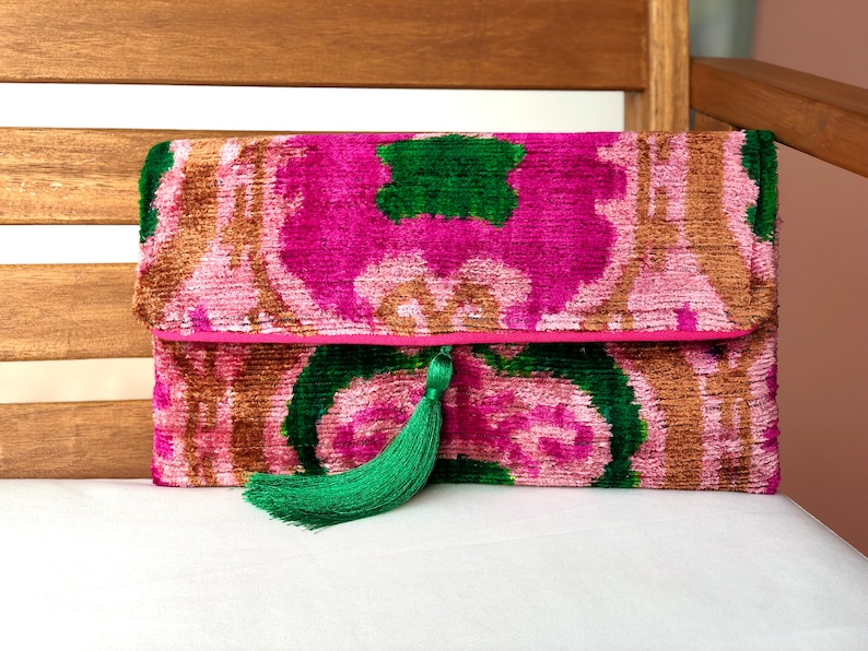 Luxury Silk Ikat Clutch Bag – Handmade Velvet Boho Purse | Elegant Pink Wedding Clutch | Handwoven | AmazPromo