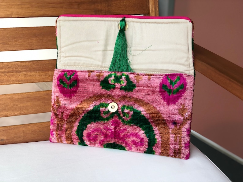 Luxury Silk Ikat Clutch Bag – Handmade Velvet Boho Purse | Elegant Pink Wedding Clutch | Handwoven extra image