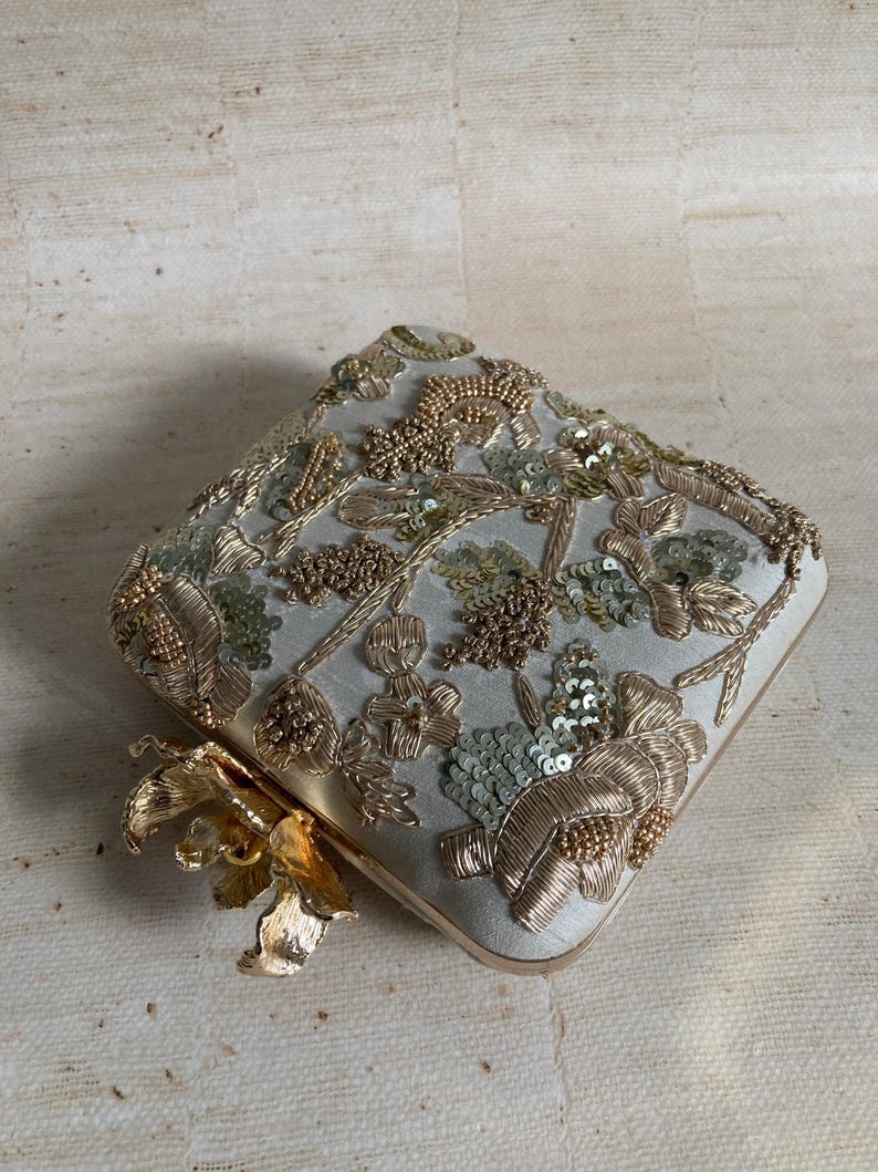 Luxury Gold Embroidered Silk Clutch Bag | Handcrafted Indian Evening Purse | Zardozi Embellished | AmazPromo