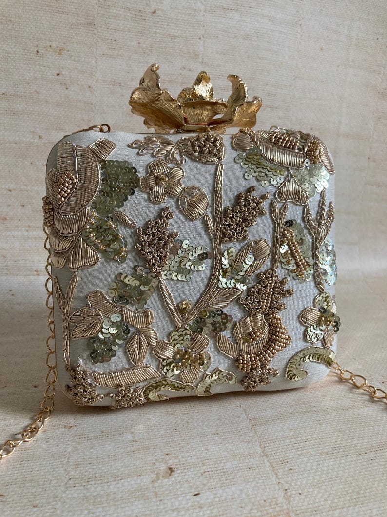 Luxury Gold Embroidered Silk Clutch Bag | Handcrafted Indian Evening Purse | Zardozi Embellished | AmazPromo
