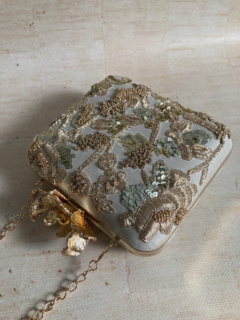 Luxury Gold Embroidered Silk Clutch Bag | Handcrafted Indian Evening Purse | Zardozi Embellished extra image