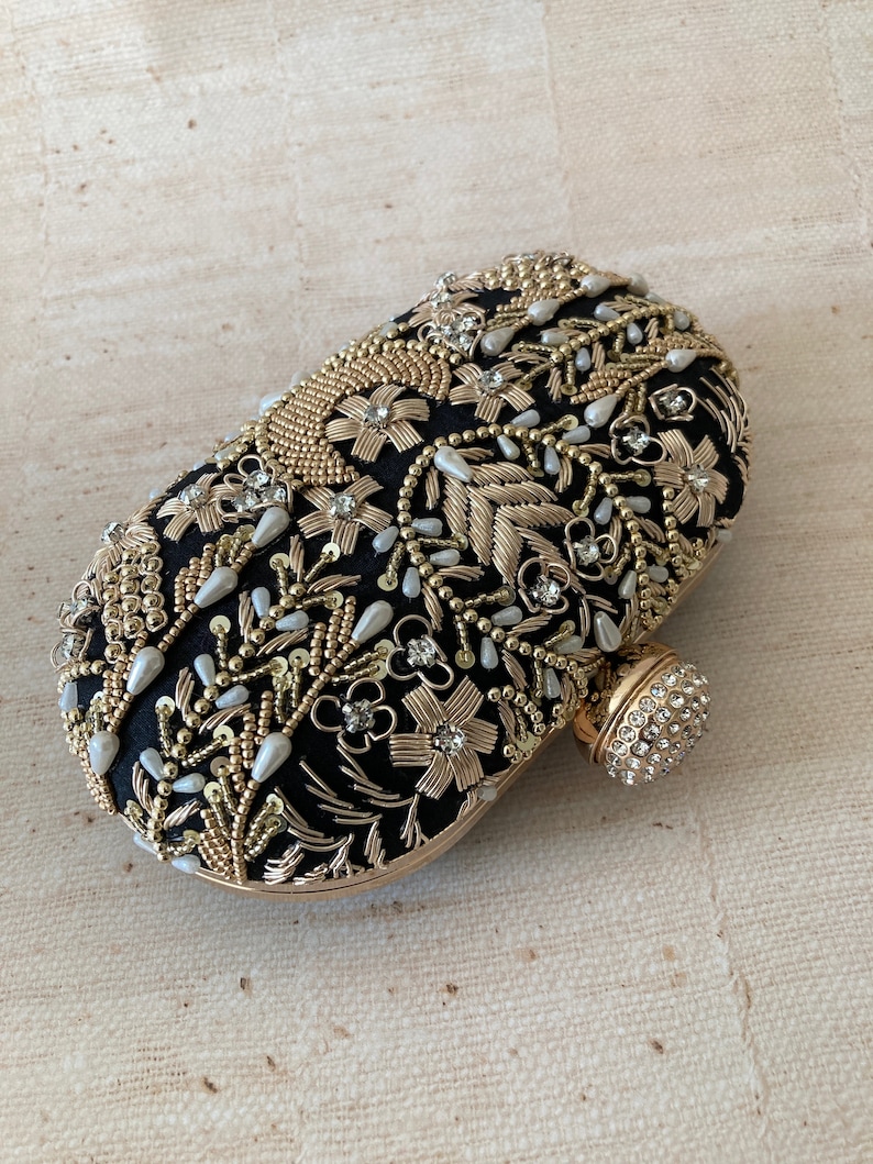 Luxury Black Gold Pearl Embellished Silk Clutch | Handcrafted Indian Evening Bag |Designer Statement | AmazPromo