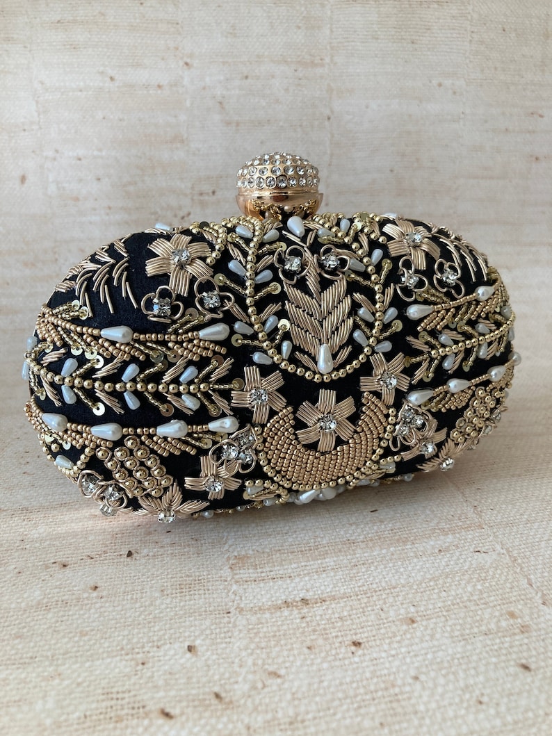 Luxury Black Gold Pearl Embellished Silk Clutch | Handcrafted Indian Evening Bag |Designer Statement | AmazPromo