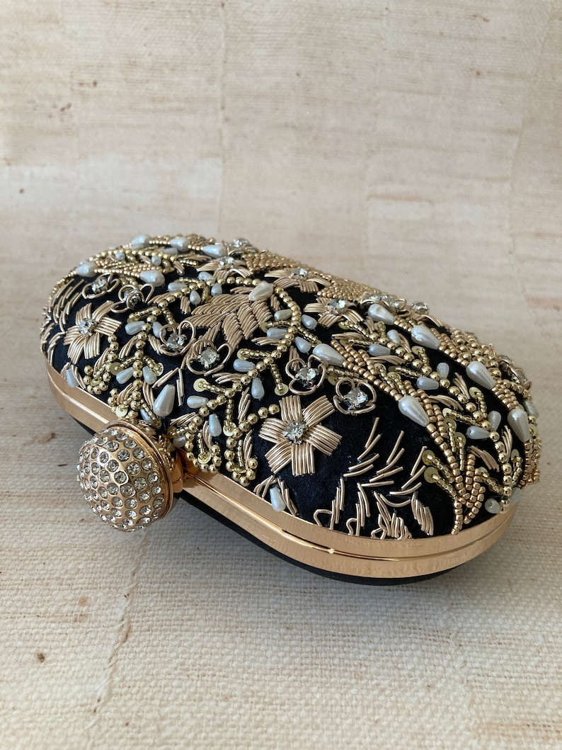 Luxury Black Gold Pearl Embellished Silk Clutch | Handcrafted Indian Evening Bag |Designer Statement extra image