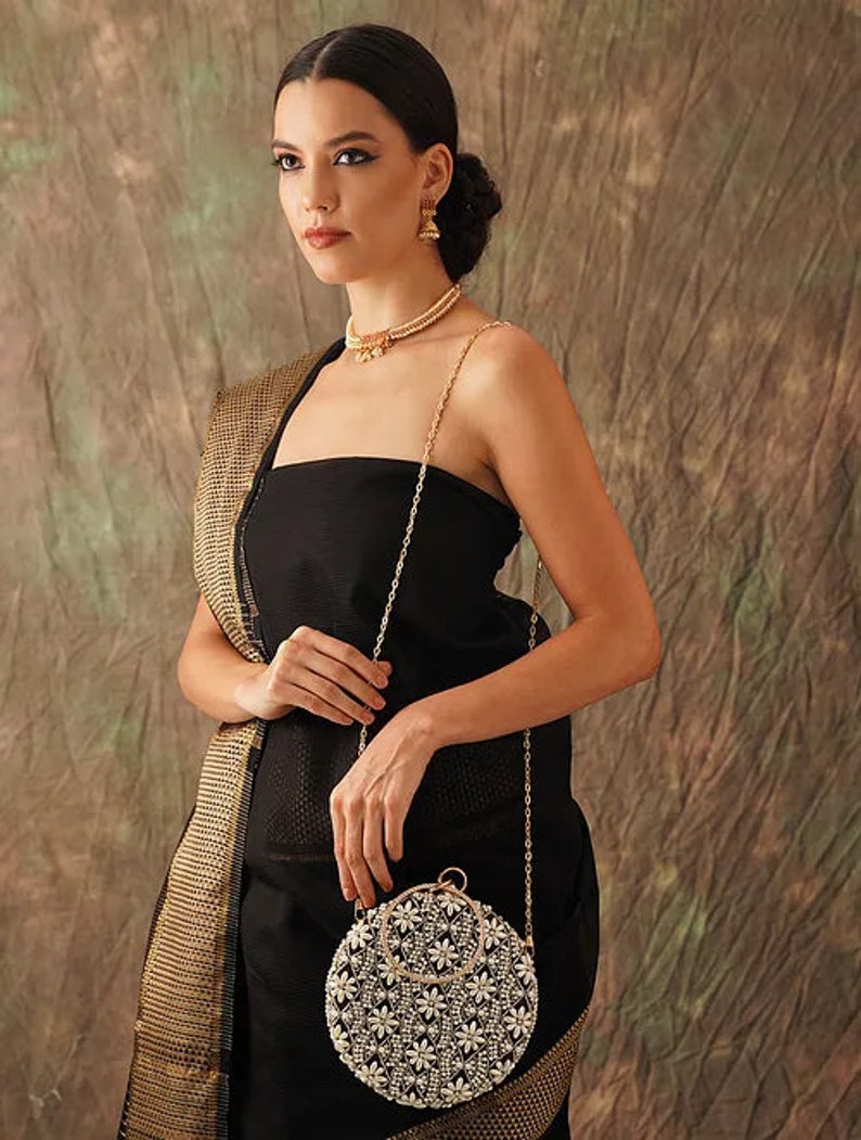 Luxury Black Silk Clutch with Hand Embroidery & Beadwork – Elegant Evening Handbag for Weddings | AmazPromo