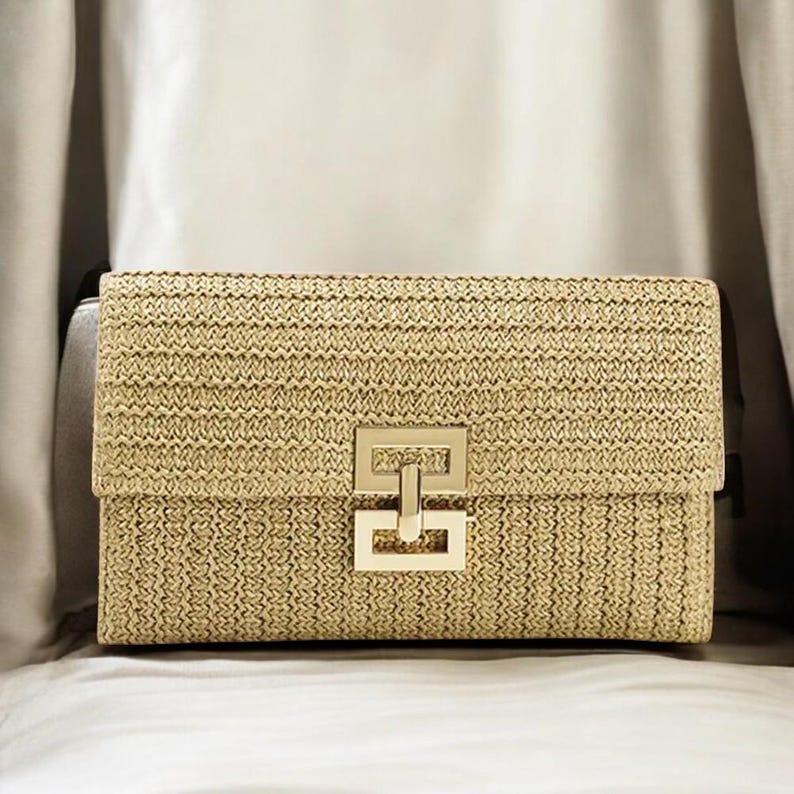 Luxury Gold Straw Clutch Bag | Elegant Woven Evening Purse | Chic Handbag with Geometric Clasp | AmazPromo