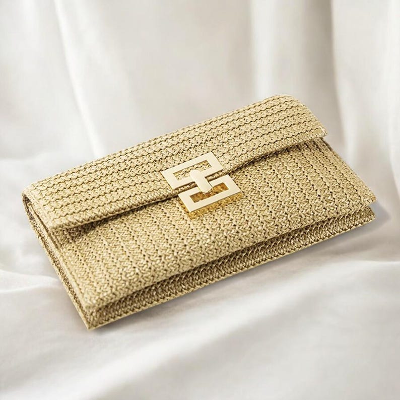 Luxury Gold Straw Clutch Bag | Elegant Woven Evening Purse | Chic Handbag with Geometric Clasp extra image