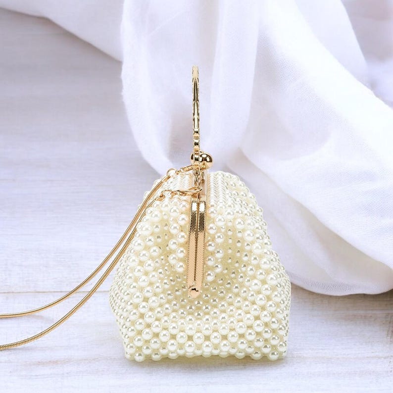 Luxury Pearl Wedding Clutch | Elegant Bridal Purse with Gold Handle | Vintage Pearl Beaded Handbag | AmazPromo