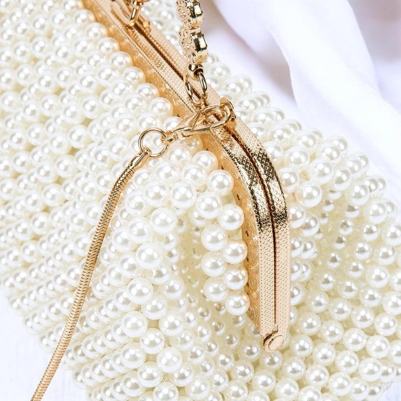 Luxury Pearl Wedding Clutch | Elegant Bridal Purse with Gold Handle | Vintage Pearl Beaded Handbag extra image