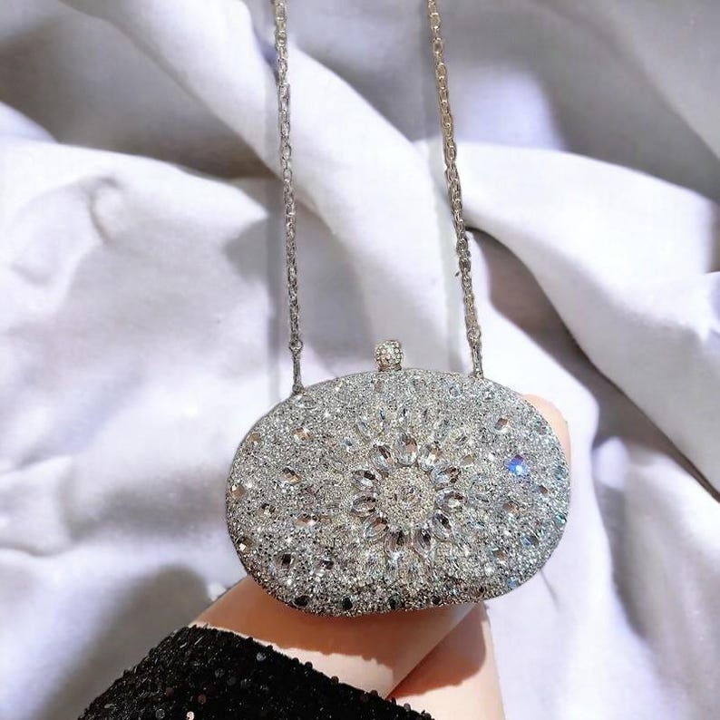 Luxury Rhinestone Crystal Clutch Bag | Elegant Silver Evening Purse | Sparkling Wedding Handbag | AmazPromo