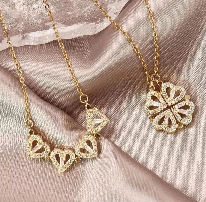 Luxury Gold Magnetic Heart Necklace & Four-Leaf Clover Pendant – Romantic Jewelry Gift for Women | | AmazPromo