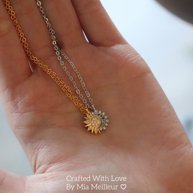 Sun and Moon Pendant Necklace, Matching Couple Jewelry, Gold Sun Silver Moon Necklace, Best Gift for extra image