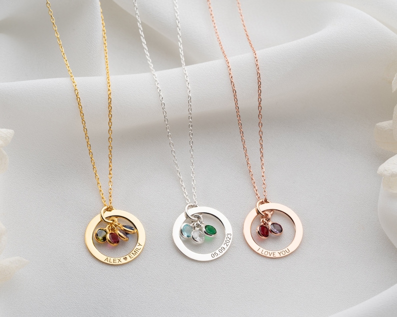 Personalized Birthstone Name Necklace for Women – Engraved Circle Pendant in Gold, Silver | AmazPromo