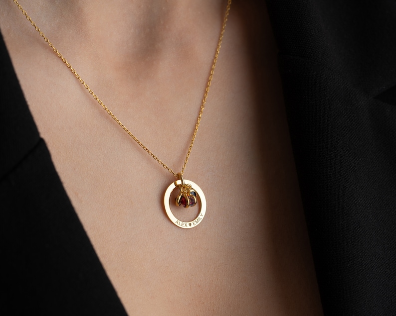 Personalized Birthstone Name Necklace for Women – Engraved Circle Pendant in Gold, Silver extra image