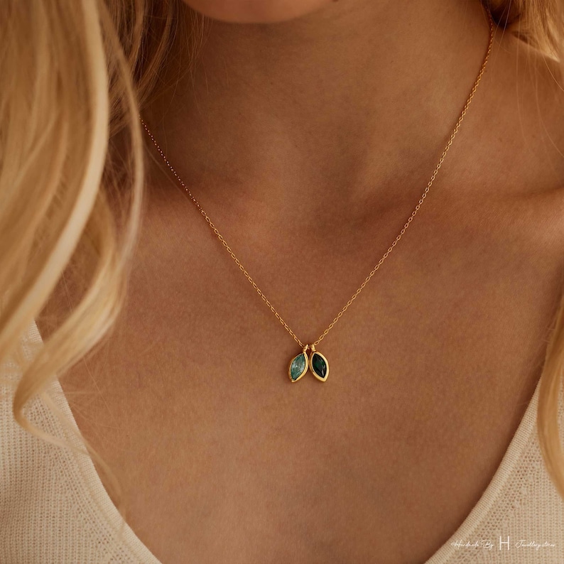 Personalized Birthstone Necklace for Women – Custom Leaf Marquise Necklace, Anniversary Gift, Family | AmazPromo