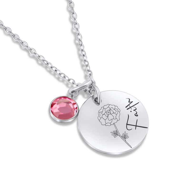 Personalized Birth Flower & Swarovski Birthstone Necklace – Custom Engraved Name Jewelry extra image