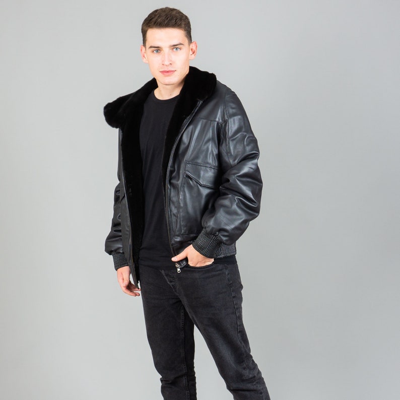 Luxury Reversible Mink Fur & Lambskin Leather Jacket – Black Designer Winter Coat for Men | AmazPromo