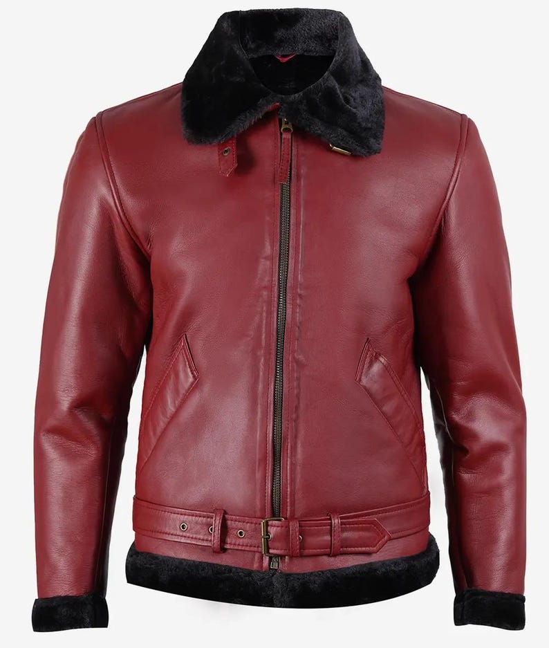 Men’s Maroon Shearling Leather Jacket | Luxury Lambskin Bomber | Winter Aviator Racer Coat | Fur-Lin | AmazPromo