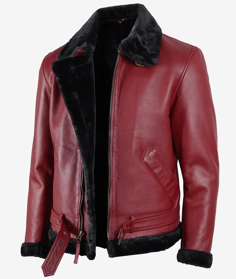Men’s Maroon Shearling Leather Jacket | Luxury Lambskin Bomber | Winter Aviator Racer Coat | Fur-Lin extra image
