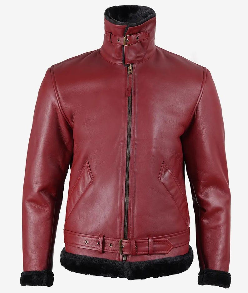 Men’s Maroon Shearling Leather Jacket | Luxury Lambskin Bomber | Winter Aviator Racer Coat | Fur-Lin extra image