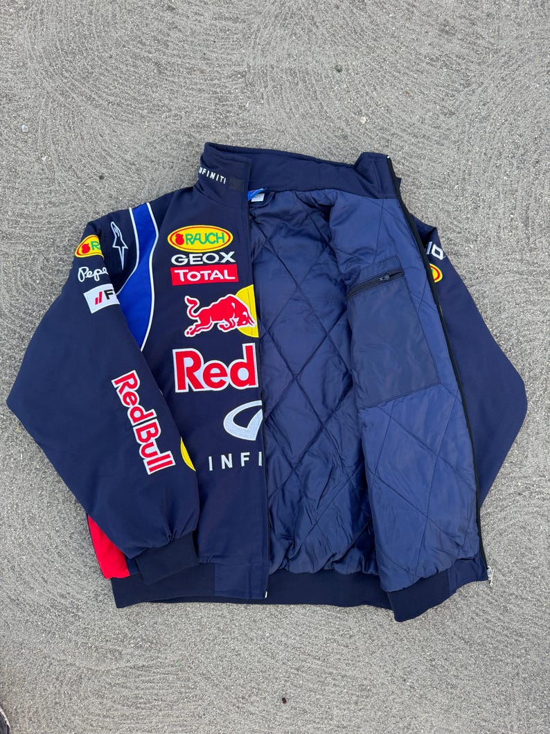 Redbull F1 Vintage Racing Jacket | Embroidered Cotton Padded Motorsport Jacket for Men | Blue Redbul | AmazPromo