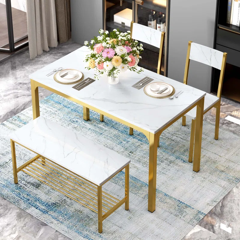 4-Piece Industrial Dining Set with Storage Bench & Chairs – Space-Saving Kitchen Table | AmazPromo