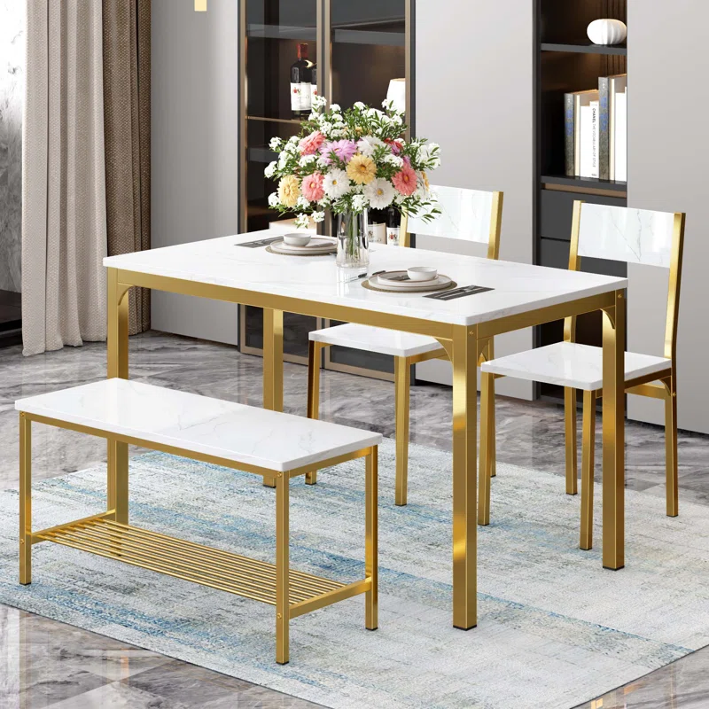 4-Piece Industrial Dining Set with Storage Bench & Chairs – Space-Saving Kitchen Table extra image