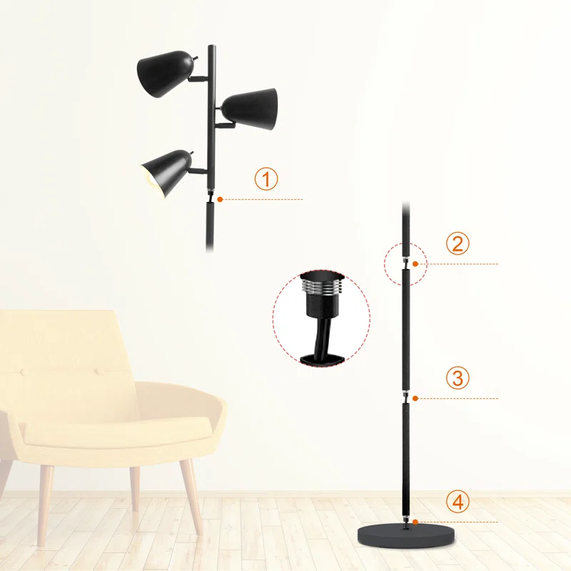68" Tree Floor Lamp with 3 Adjustable LED Bulbs – Modern Industrial Standing Lamp | AmazPromo