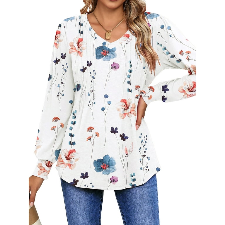 Fantaslook Pleated V-Neck Long Sleeve Tunic Tops for Women | Fall Casual Blouses with Curved Hem | AmazPromo