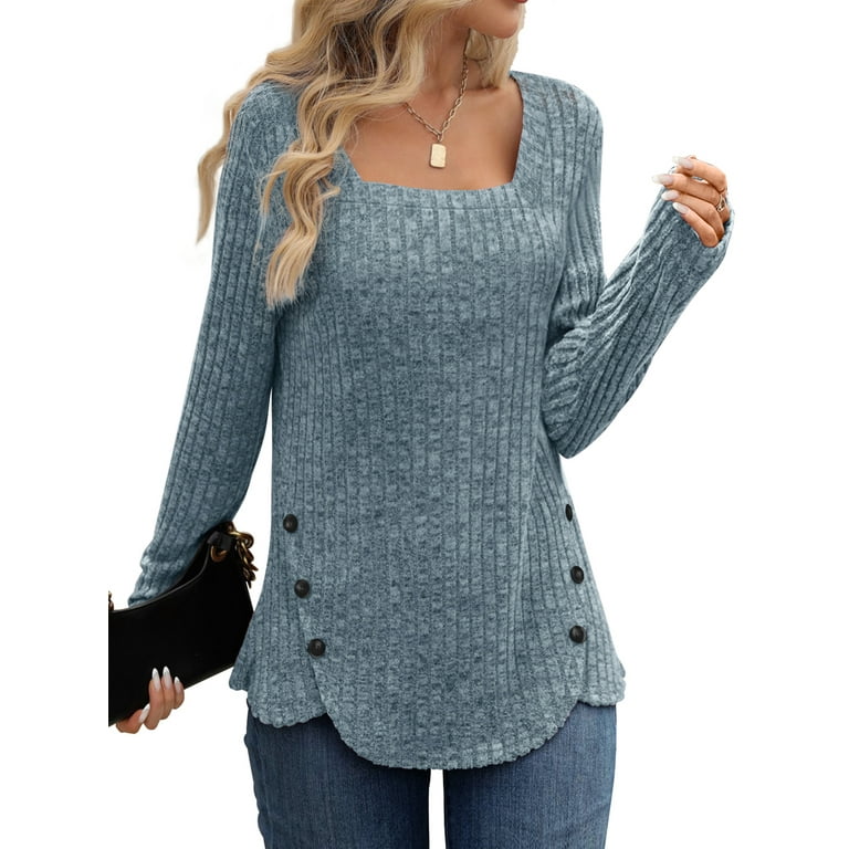 Fantaslook Women's Square Neck Long Sleeve Tunic Blouse with Decorative Button Sides | AmazPromo