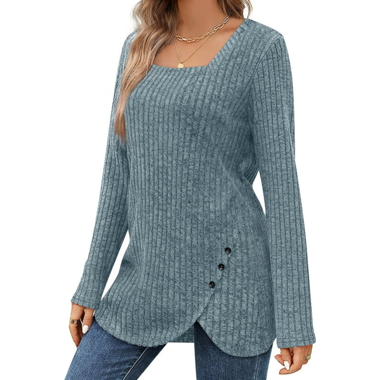 Fantaslook Women's Square Neck Long Sleeve Tunic Blouse with Decorative Button Sides | AmazPromo