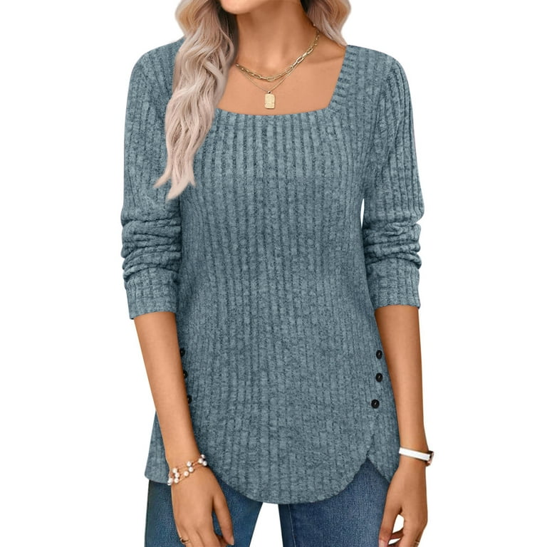 Fantaslook Women's Square Neck Long Sleeve Tunic Blouse with Decorative Button Sides extra image