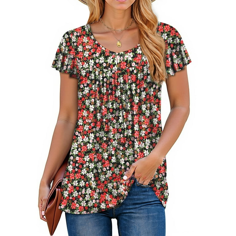 Fantaslook Women's Floral Ruffle Sleeve Tunic Top - Casual Pleated Summer Blouse | AmazPromo