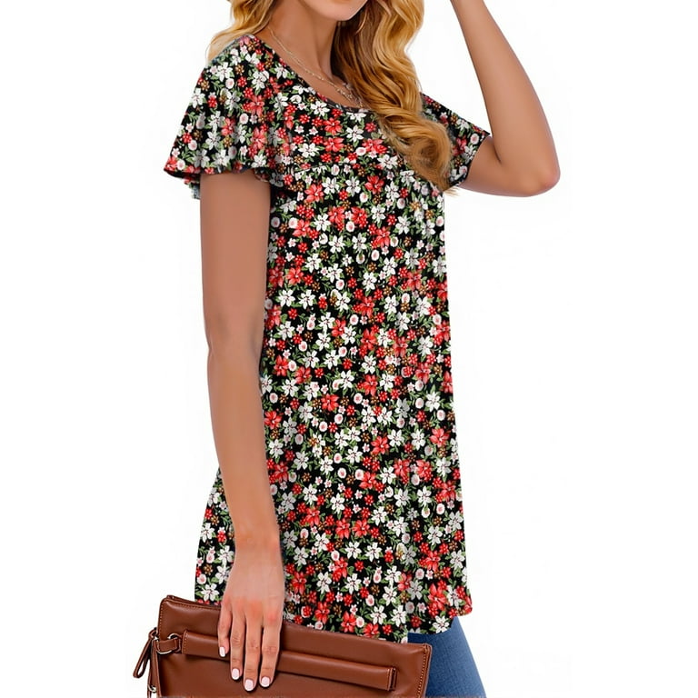 Fantaslook Women's Floral Ruffle Sleeve Tunic Top - Casual Pleated Summer Blouse | AmazPromo
