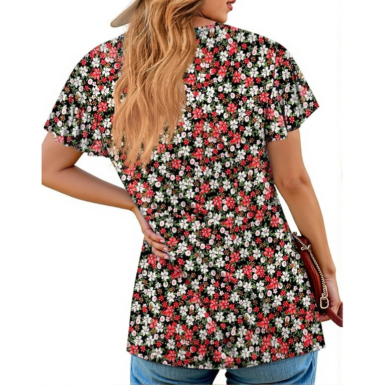 Fantaslook Women's Floral Ruffle Sleeve Tunic Top - Casual Pleated Summer Blouse extra image