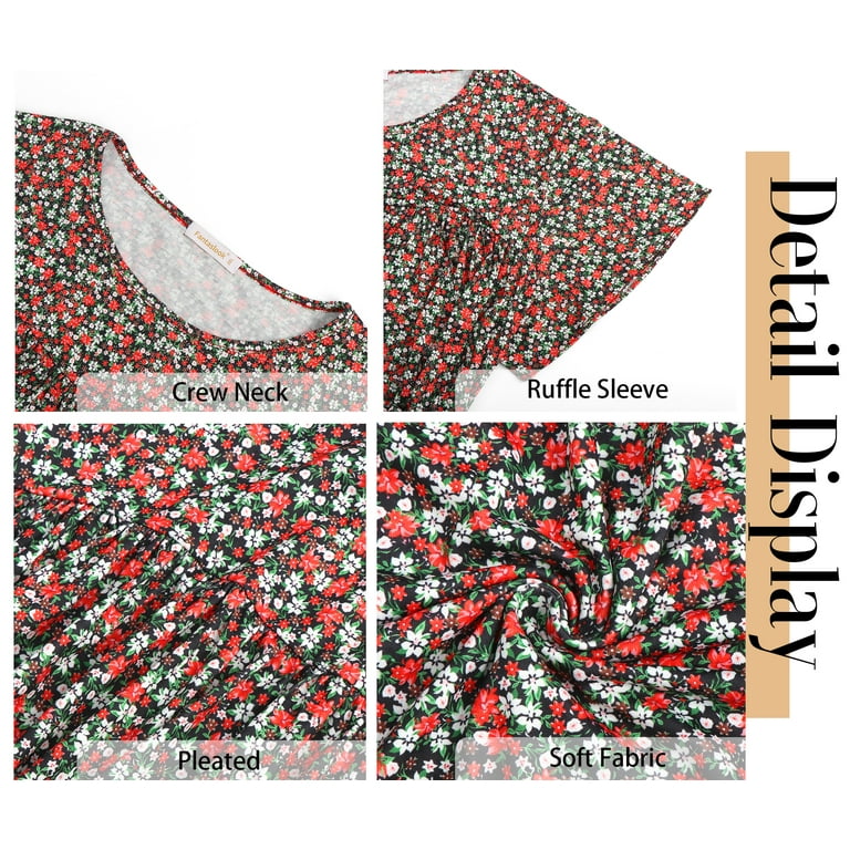 Fantaslook Women's Floral Ruffle Sleeve Tunic Top - Casual Pleated Summer Blouse extra image