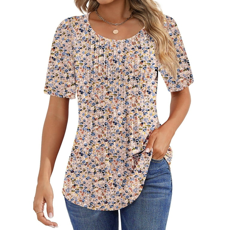 Fantaslook Women's Pleated Floral Tunic Tops – Short Sleeve Casual Dressy Blouses for Summer | AmazPromo