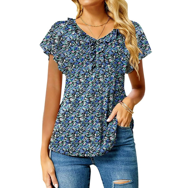 Fantaslook Women's Floral Ruffle Sleeve Blouse – Casual V-Neck Tunic Top for Summer, Dressy & Flowy | AmazPromo