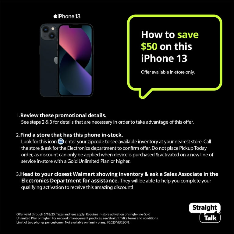 Straight Talk Apple iPhone 13 128GB - Midnight, Prepaid Smartphone, 5G, A15 Bionic, Cinematic Mode | AmazPromo