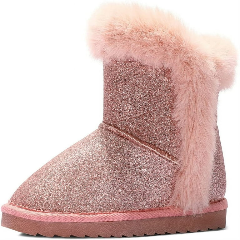 Kushyshoo Pink Glitter Girls Snow Boots with Faux Fur Lining – Lightweight Hook-and-Loop Winter Shoe | AmazPromo