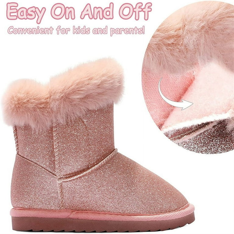 Kushyshoo Pink Glitter Girls Snow Boots with Faux Fur Lining – Lightweight Hook-and-Loop Winter Shoe | AmazPromo