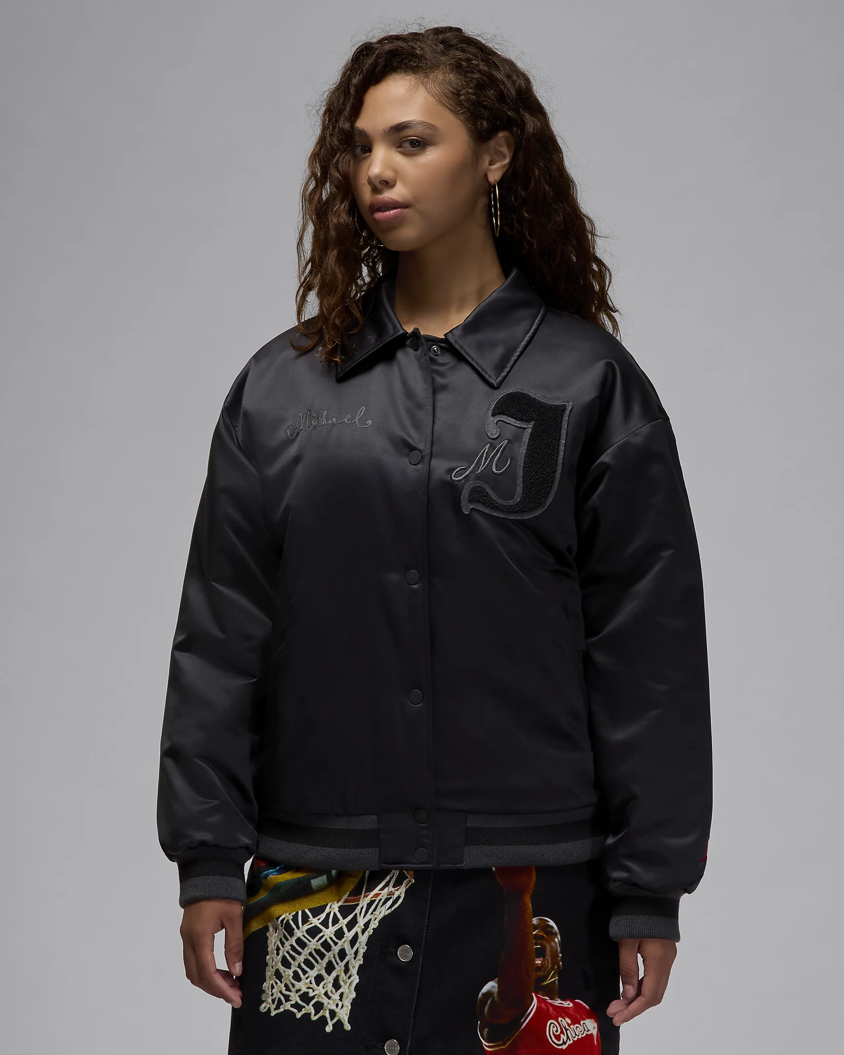 Jordan Satin Jacket with Chenille Patch – Premium Athletic-Inspired Layer for Everyday Wear extra image