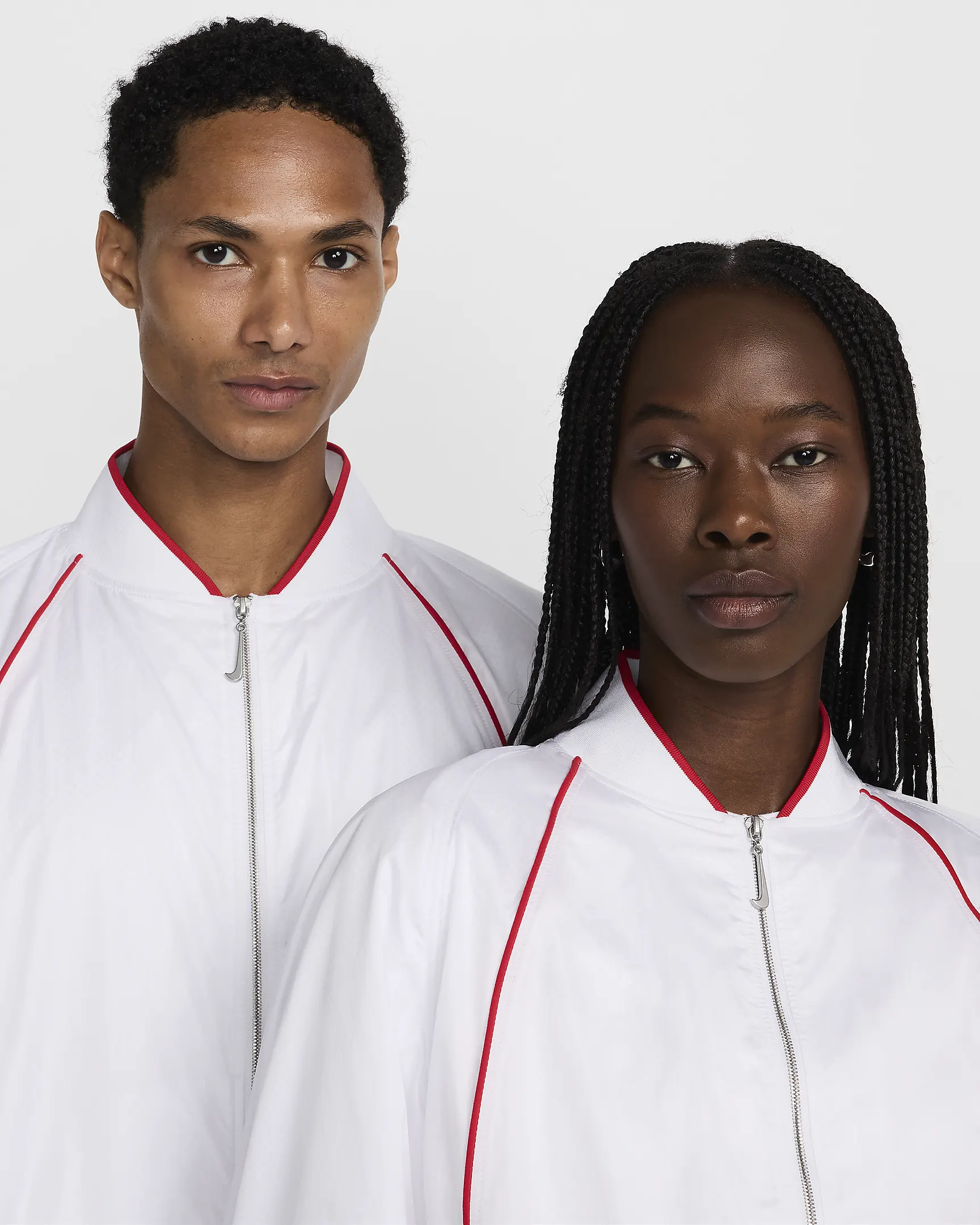 Nike x Jacquemus Track Jacket – Water-Repellent & Wind-Resistant in White/University Red | AmazPromo