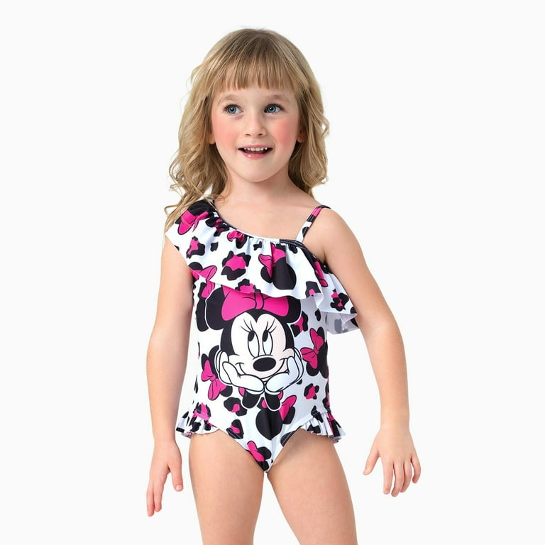 Disney Minnie Mouse Girls Swimsuit – One-Shoulder Ruffle Leopard Print Bathing Suit | Cute & Trendy | AmazPromo