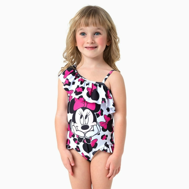 Disney Minnie Mouse Girls Swimsuit – One-Shoulder Ruffle Leopard Print Bathing Suit | Cute & Trendy | AmazPromo